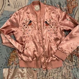 Satin embroidered bird bomber